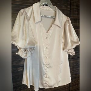 Silky cream satin puff sleeve blouse top 2X XXL white ivory